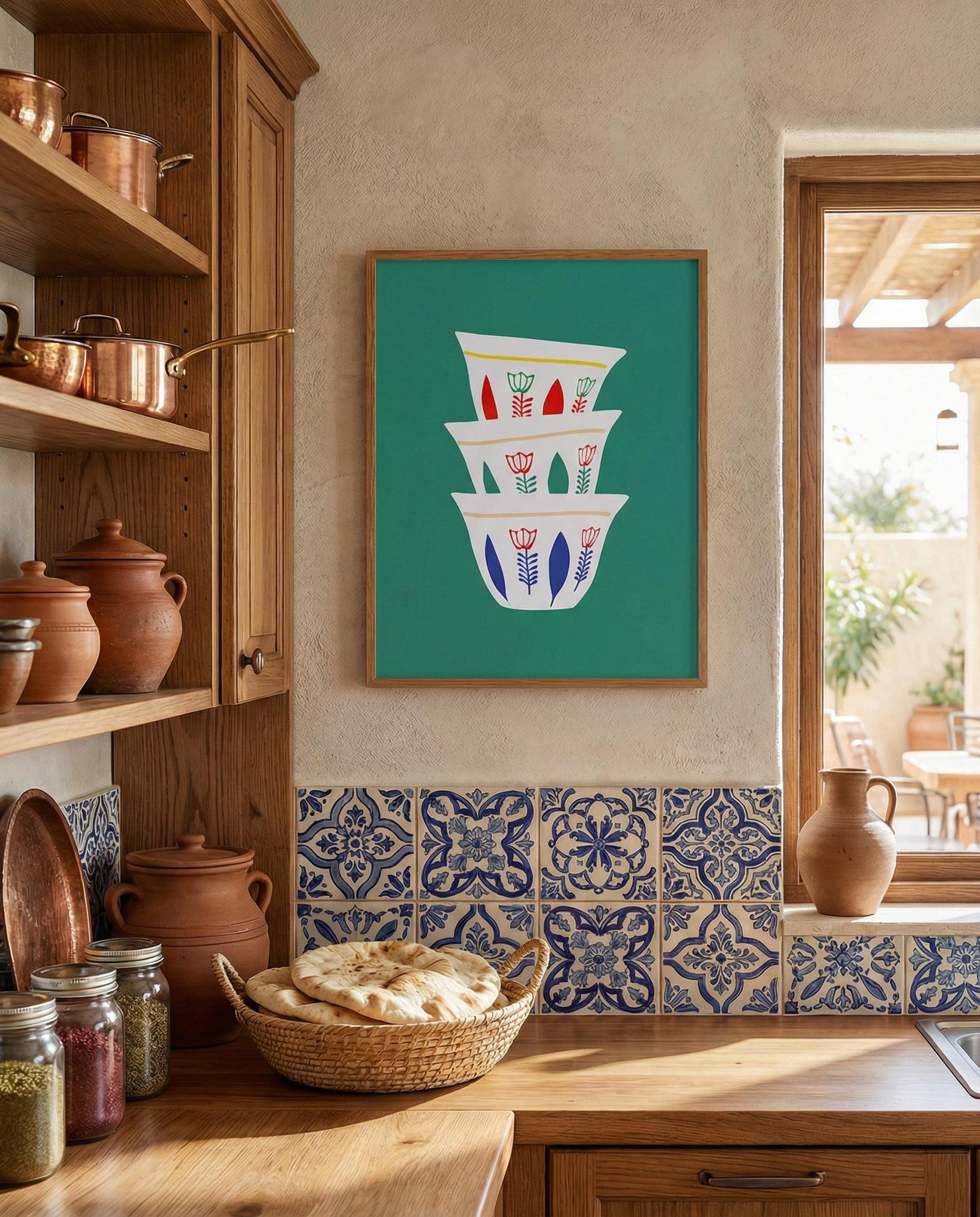 A framed art print featuring a stack of white coffee cups with red, blue, and green floral designs against a teal background. The print is displayed in a kitchen with wooden cabinets, shelves, and a basket of bread.