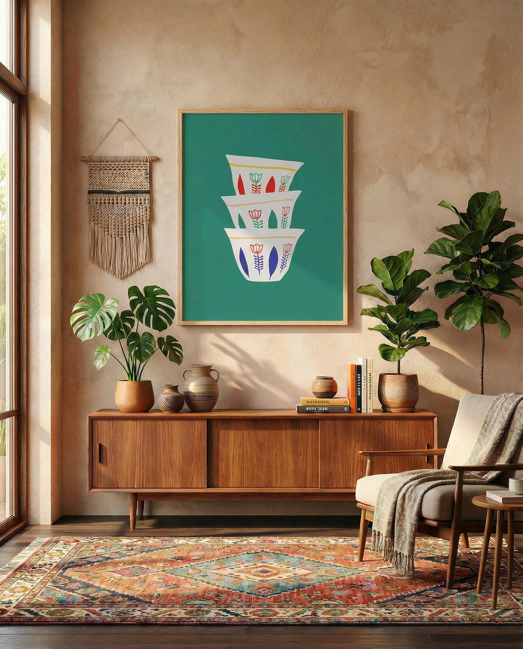A framed art print featuring a stack of three white coffee cups with floral designs against a teal background. The artwork is displayed in a living room setting with a wooden cabinet, plants, and a patterned rug.