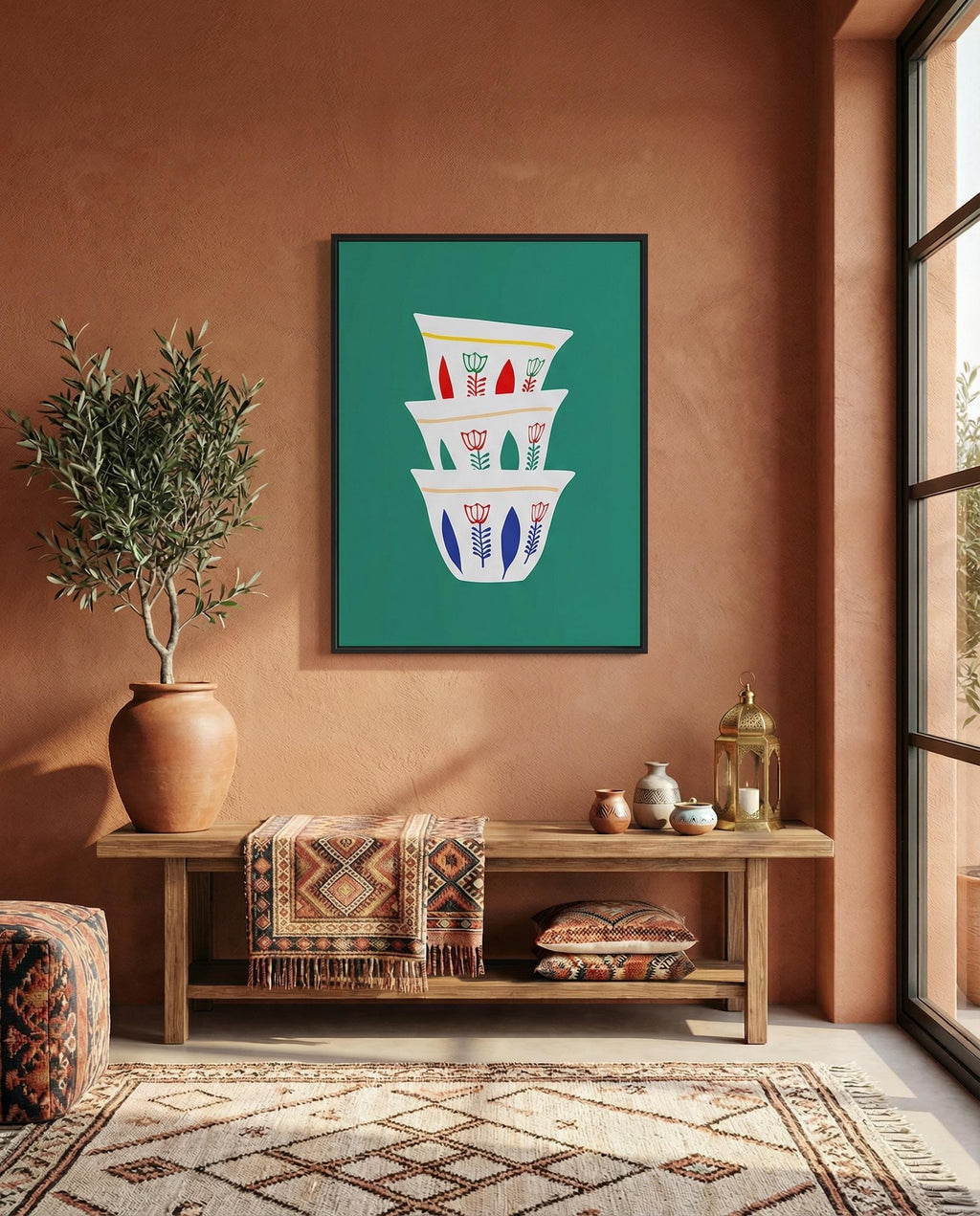 A framed art print featuring a stack of three white coffee cups with floral designs in red, yellow, and blue. The artwork is set against a teal background and framed in black. The room has a rustic, bohemian theme.