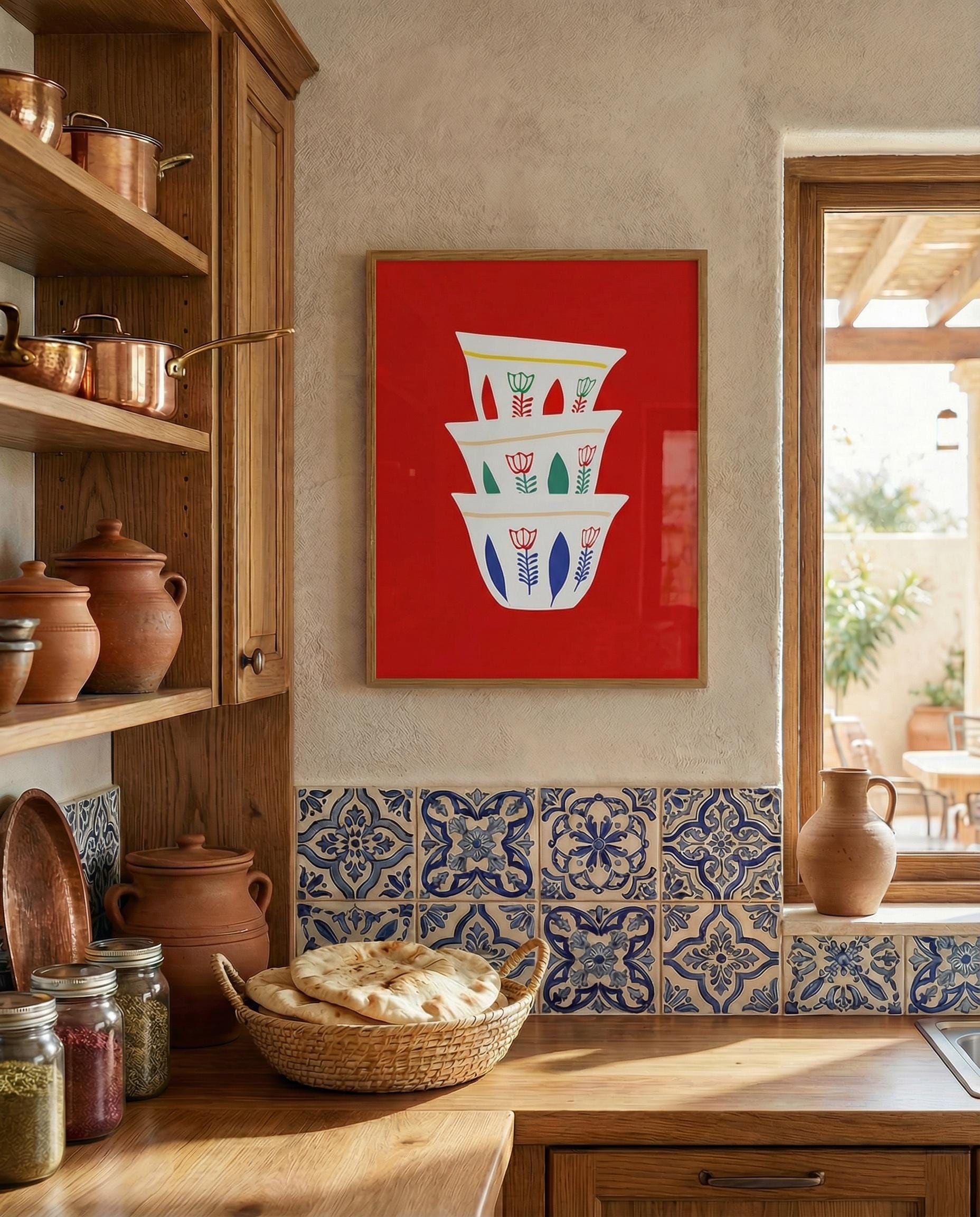 A framed print featuring a stack of white coffee cups with floral designs against a red background. The kitchen setting includes wooden shelves with copper pots, ceramic jars, and a basket of bread, creating a warm, inviting atmosphere.