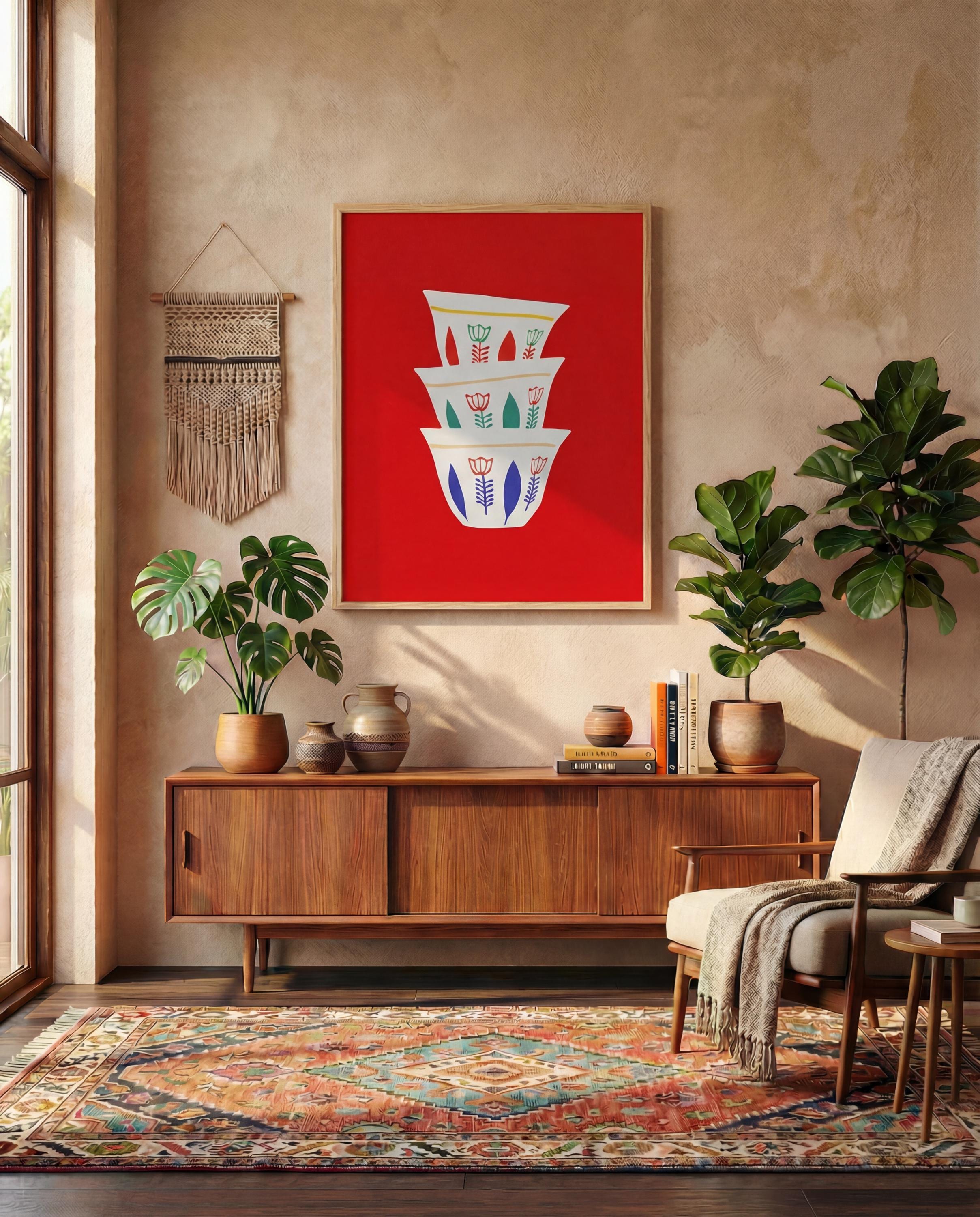A framed art print featuring a stack of three white coffee cups with floral designs against a red background. The room has a wooden cabinet, plants, a patterned rug, and a macrame wall hanging.