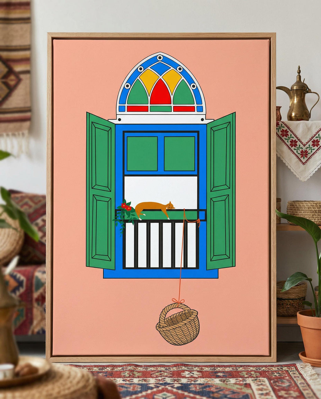 Lebanese Window & Basket Art Print | Beirut Balcony Scene