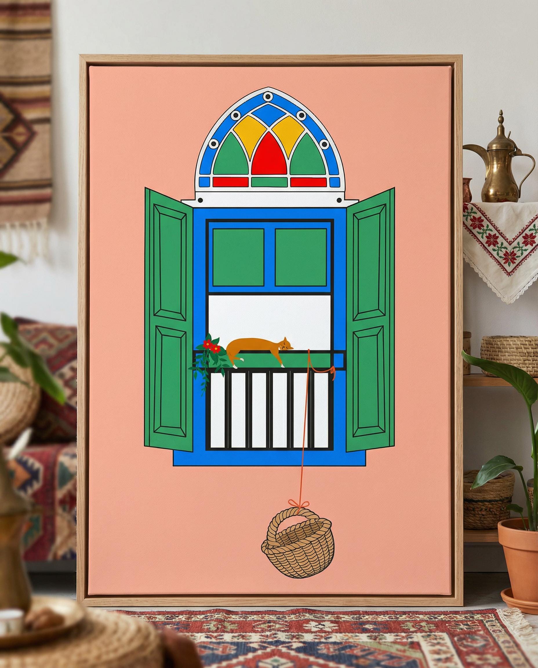 Lebanese Window & Basket Art Print | Beirut Balcony Scene
