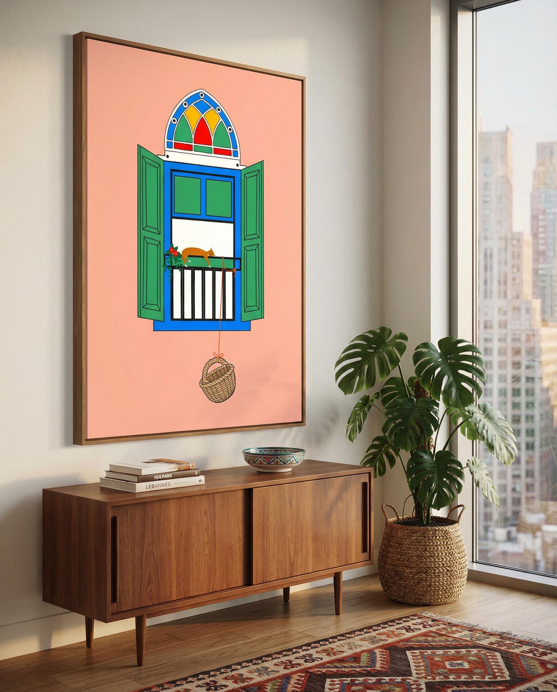 Lebanese Window & Basket Art Print | Beirut Balcony Scene