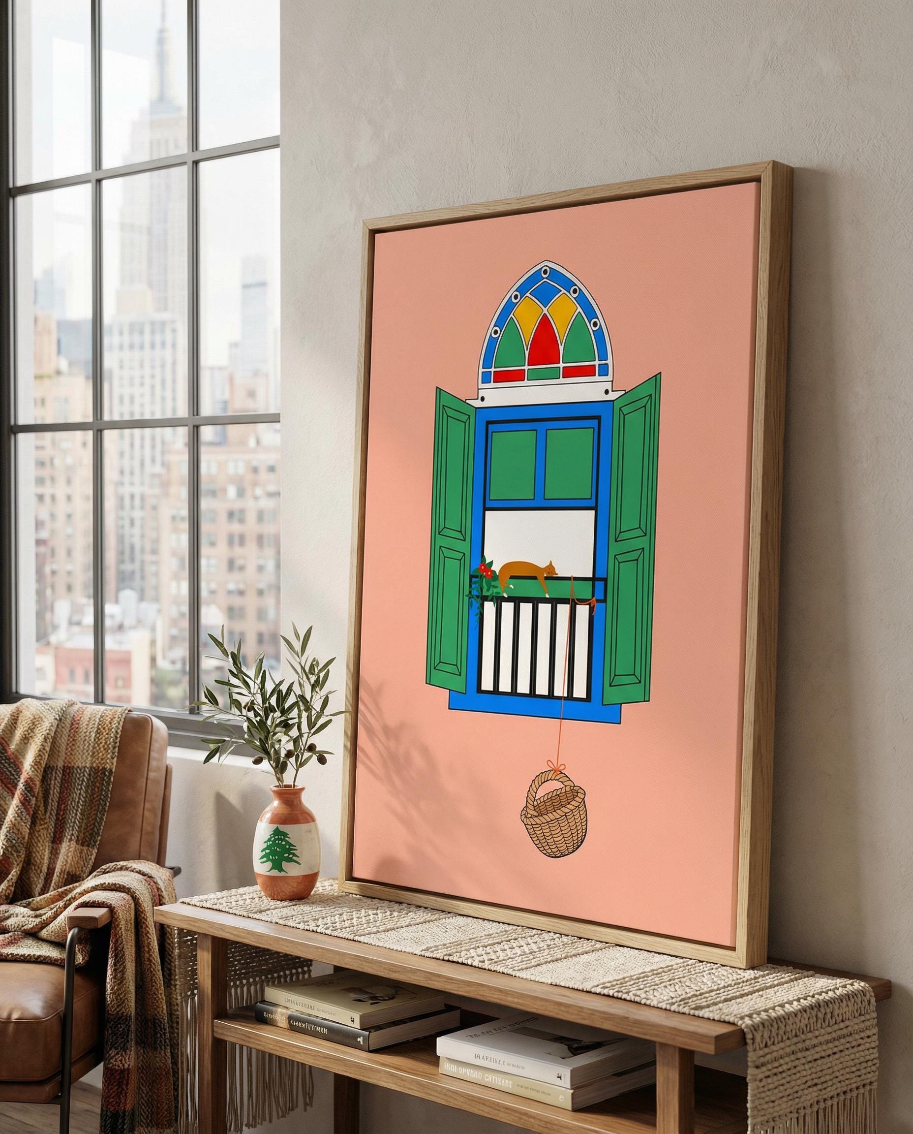 Lebanese Window & Basket Art Print | Beirut Balcony Scene