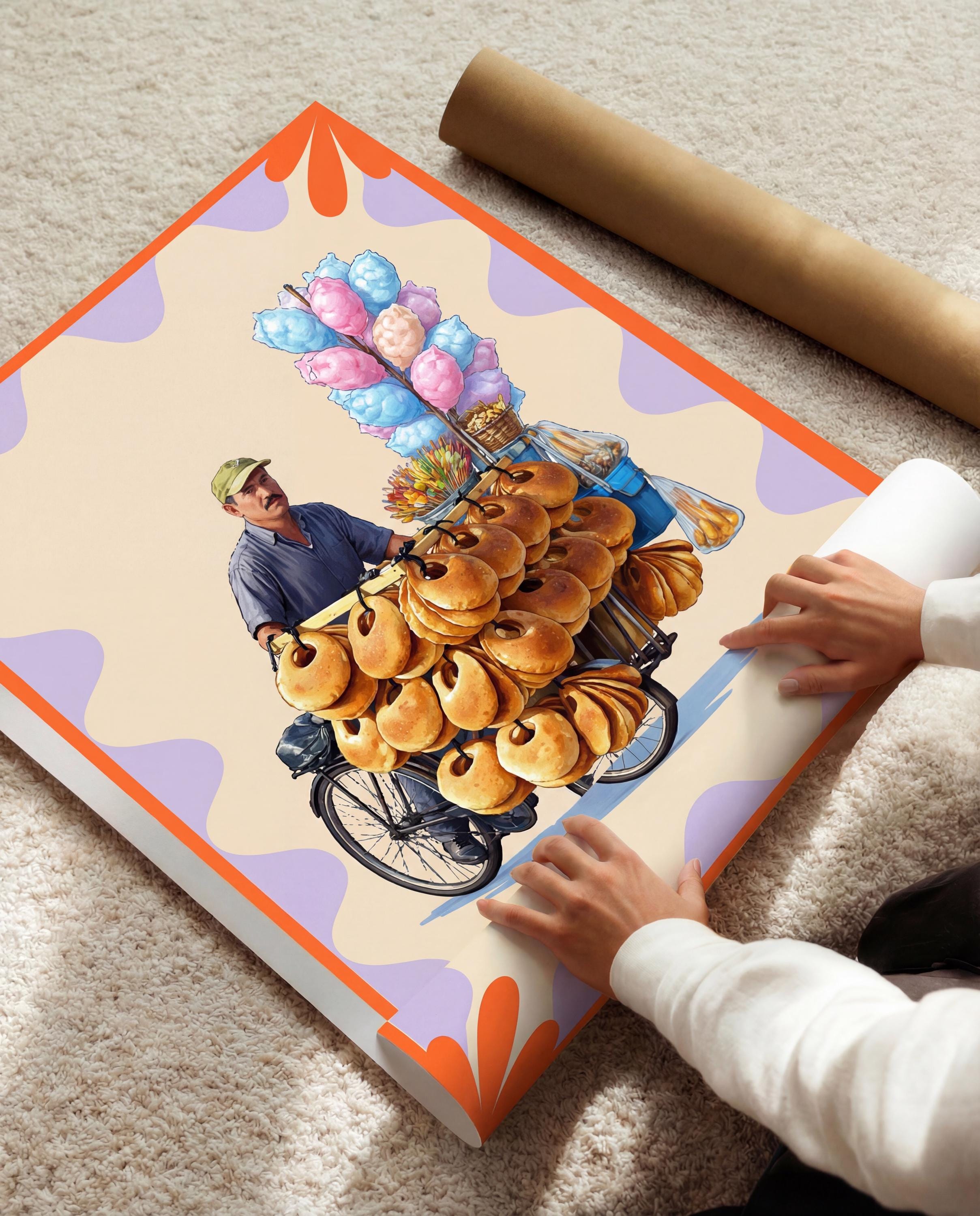 Lebanese Ka'ak Vendor Art Print | Beirut Street Food Scene Wall Decor (Lebanon Gift)