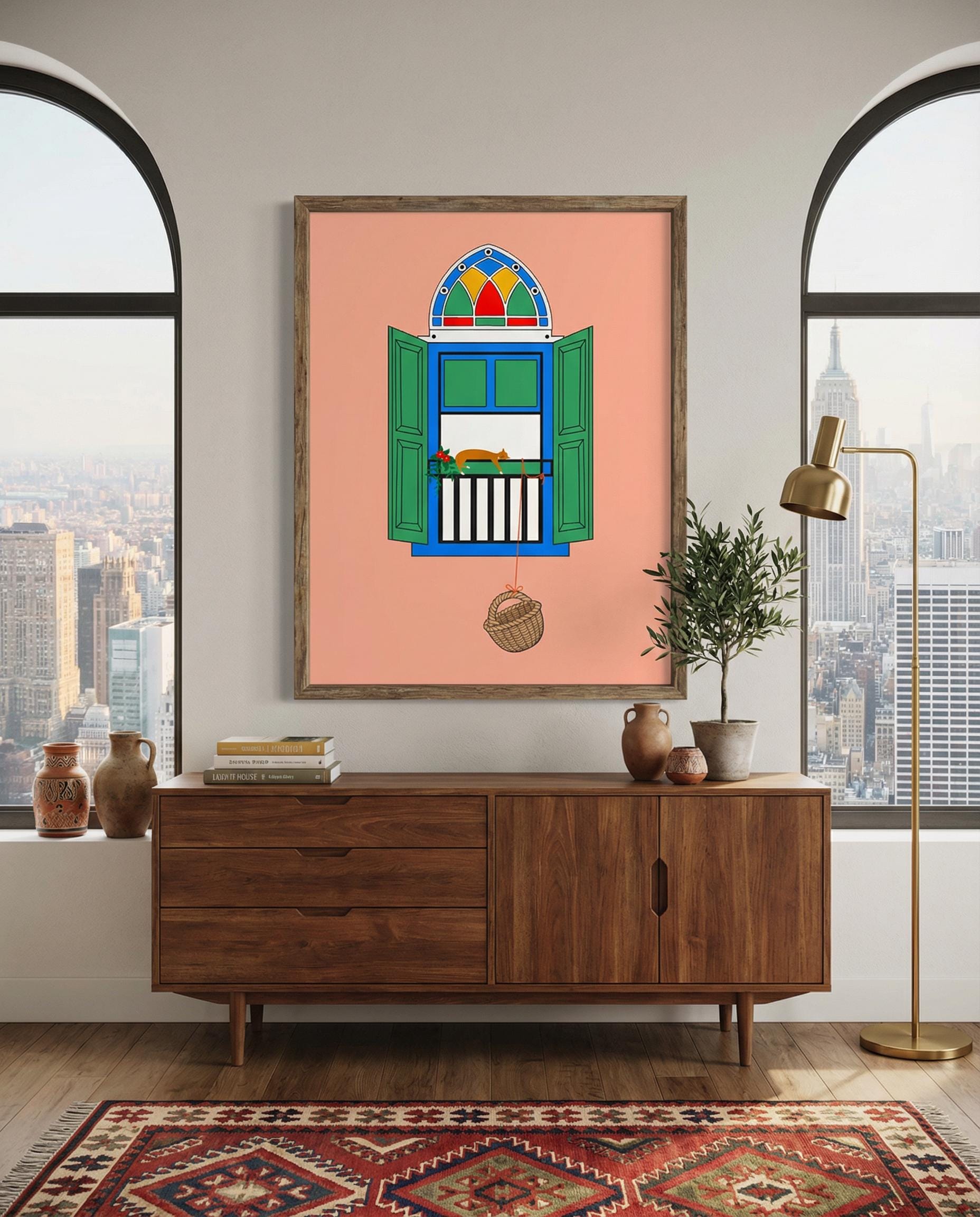 Lebanese Window & Basket Art Print | Beirut Balcony Scene